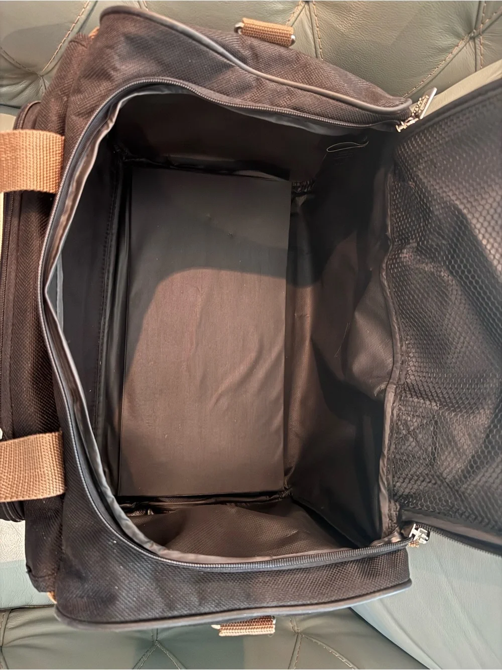 Chaps Black Duffel Bag with Tan Trim shoulder strap and double handle